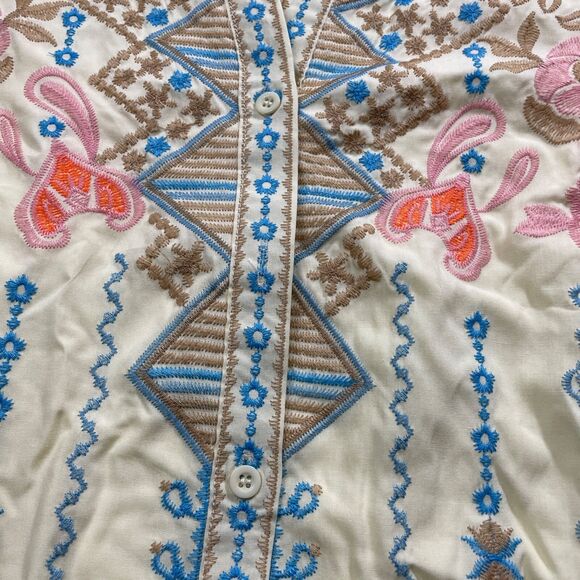 AK Large Tunic NWT Pale Yellow Embroidered Lined Roll Tab Sleeve 1/2 Button Boho - Picture 5 of 7